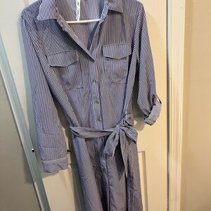 NY Collection Blue Striped Roll Tab Sleeve Tie Button Business Dress Size Large